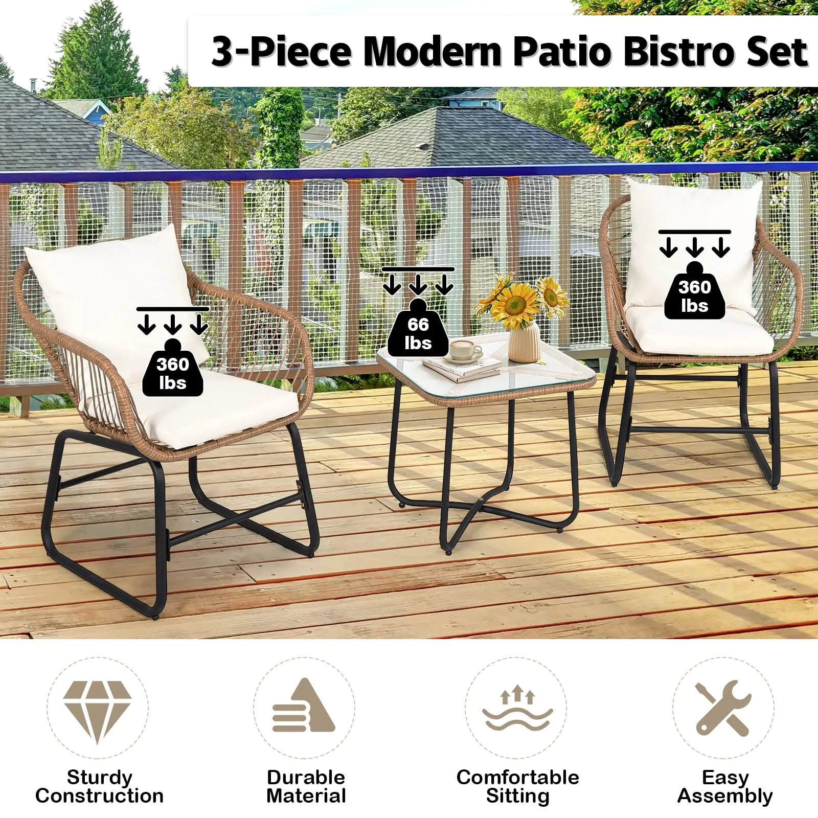 3 Pieces Patio Bistro Set, All Weather Rattan Conversation Set