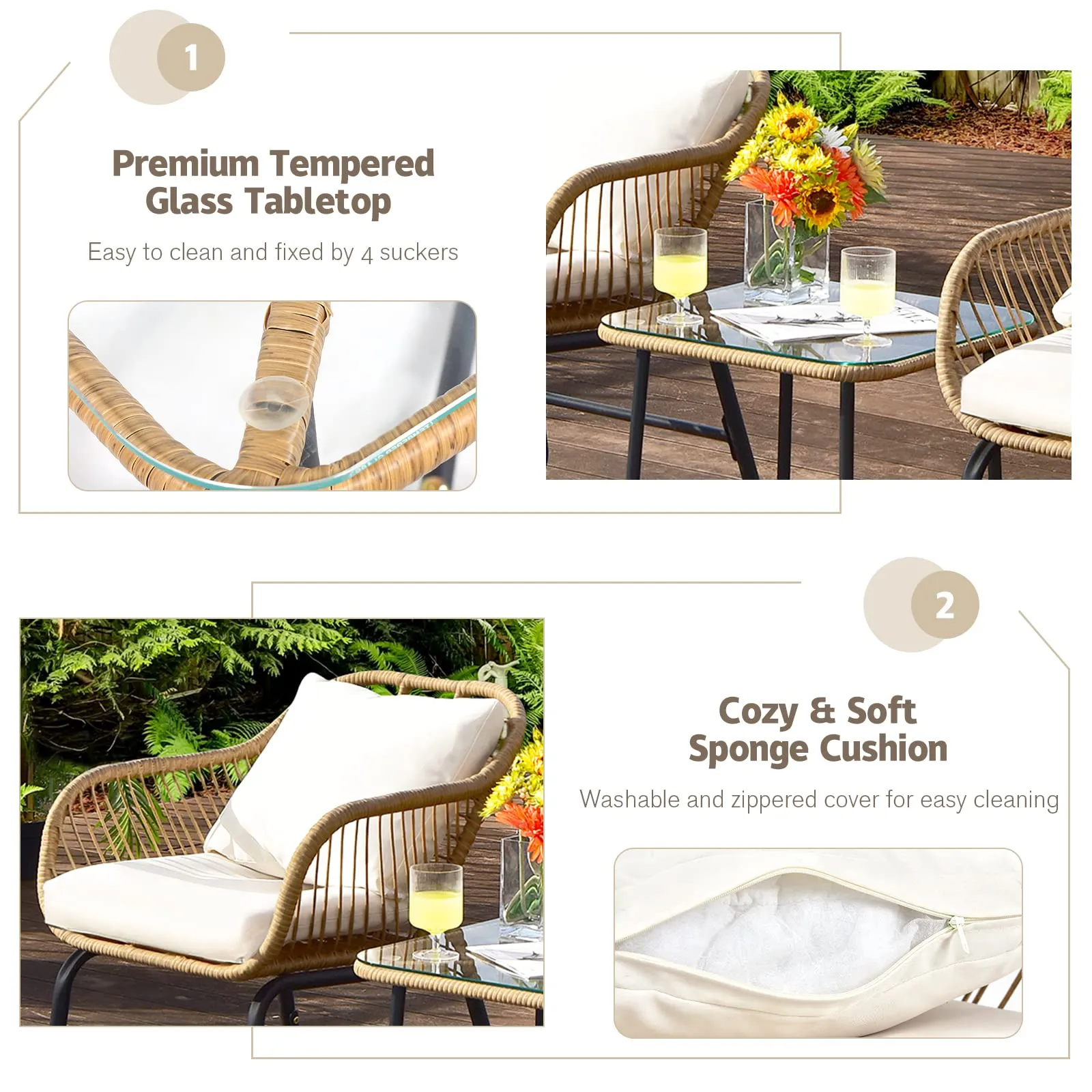 3 Pieces Patio Bistro Set, All Weather Rattan Conversation Set