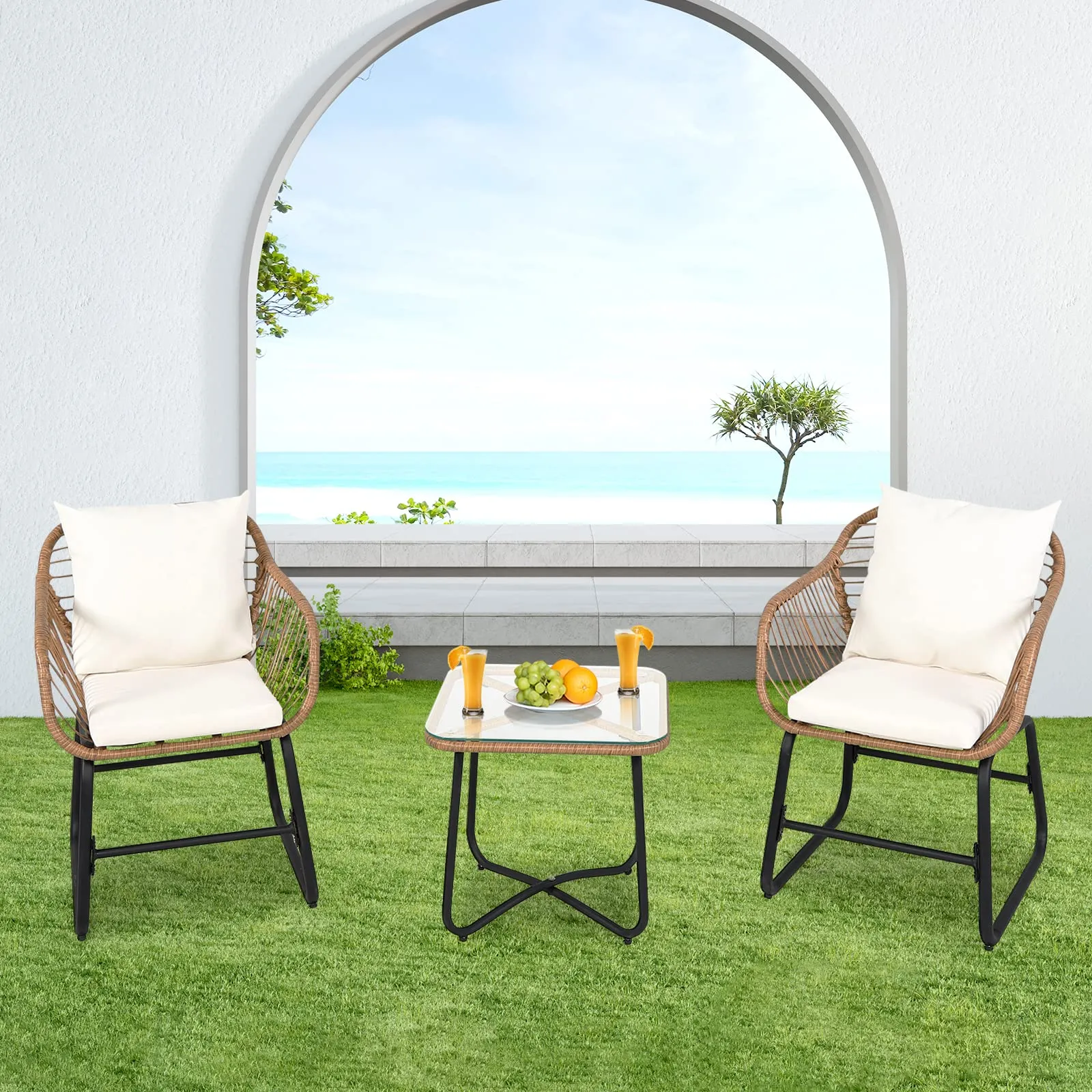 3 Pieces Patio Bistro Set, All Weather Rattan Conversation Set