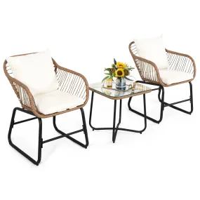 3 Pieces Patio Bistro Set, All Weather Rattan Conversation Set