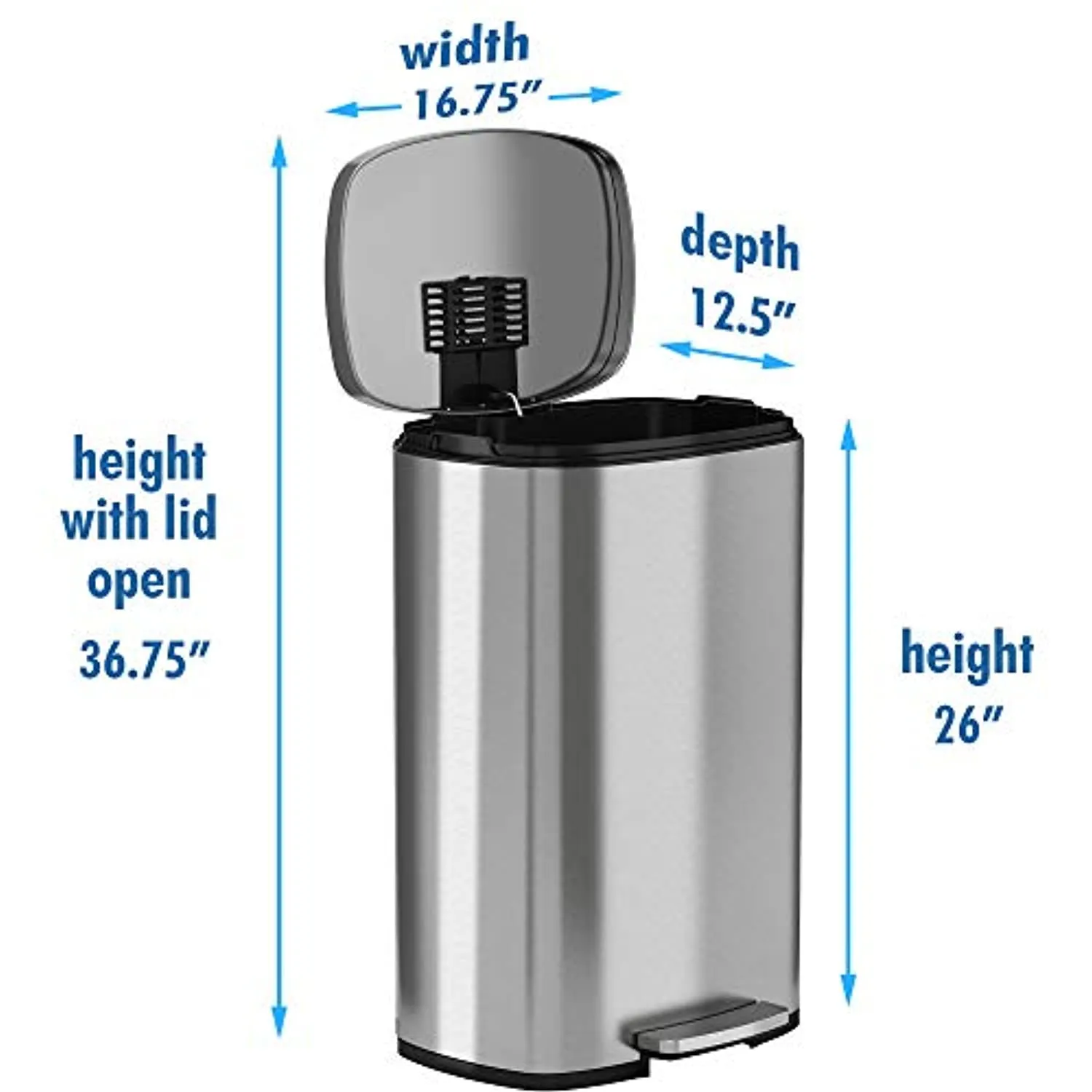 Stainless Steel Step Trash Can with Odor Control System, Pedal Garbage Bin for Kitchen, Office, Home - Silent and Gentle Open and Close