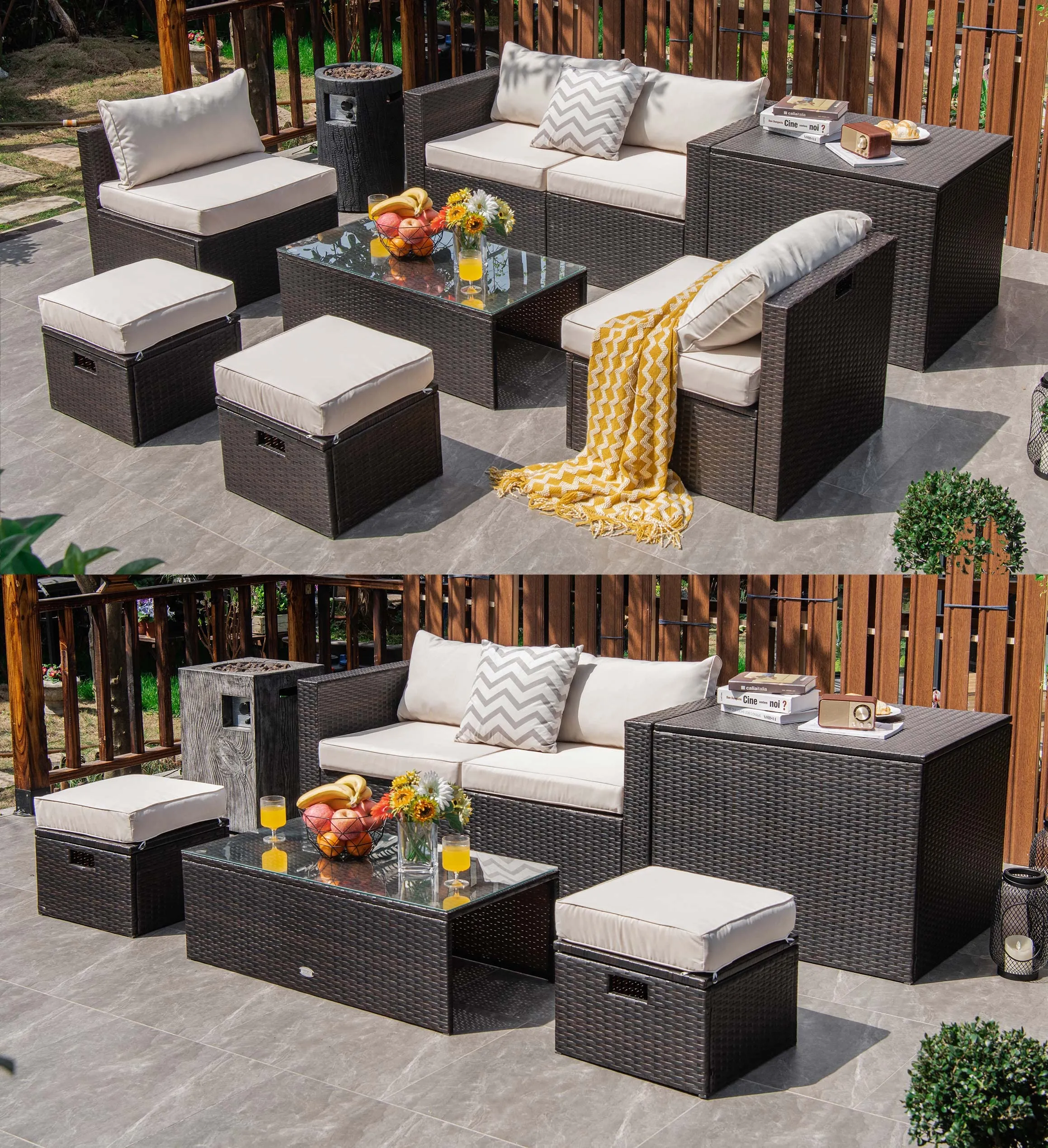 Tangkula 8-Piece Patio Wicker Furniture Set, Patiojoy Outdoor PE Rattan Conversation Set with Storage Box