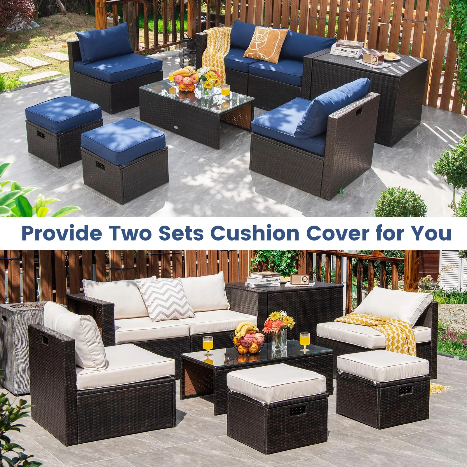 Tangkula 8-Piece Patio Wicker Furniture Set, Patiojoy Outdoor PE Rattan Conversation Set with Storage Box