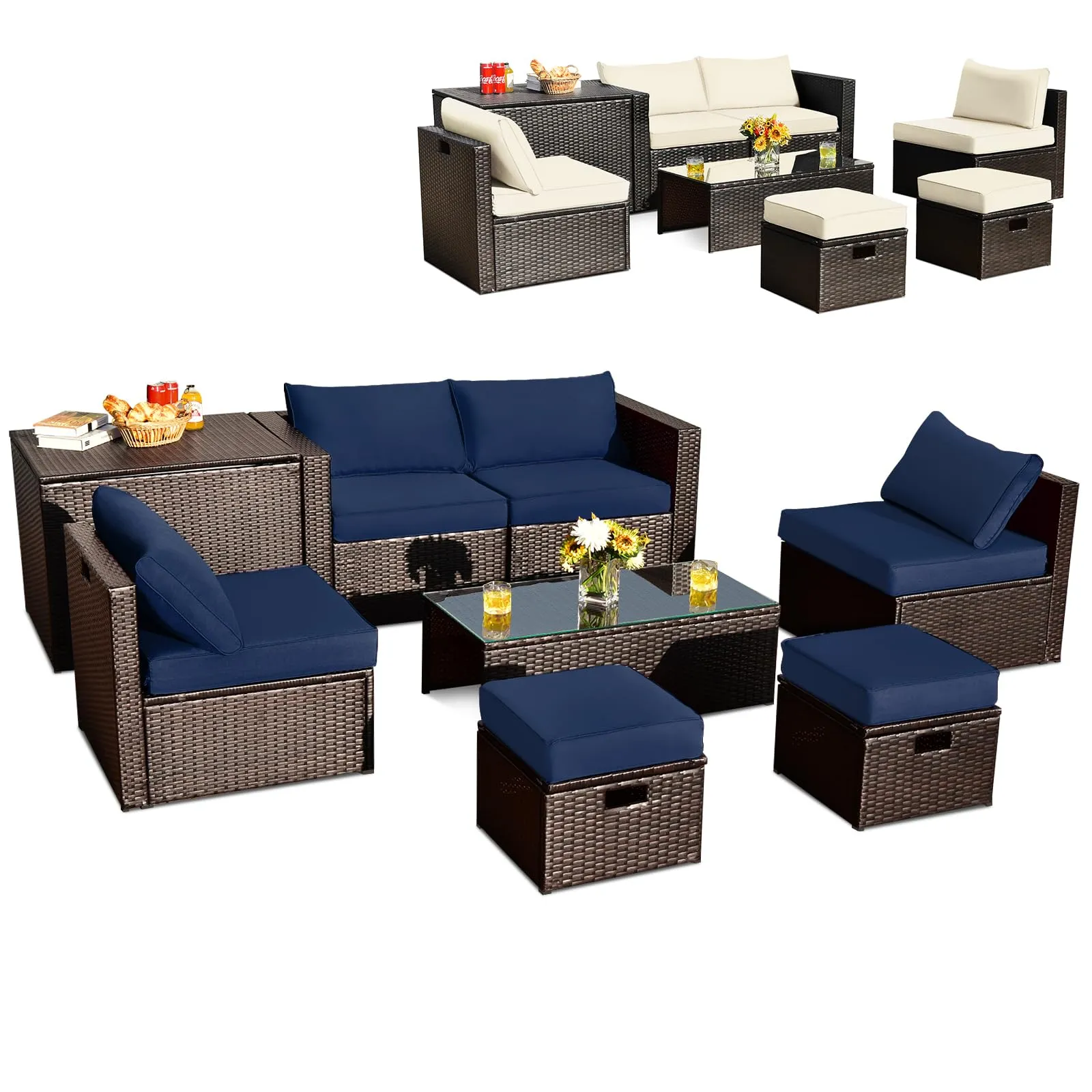 Tangkula 8-Piece Patio Wicker Furniture Set, Patiojoy Outdoor PE Rattan Conversation Set with Storage Box