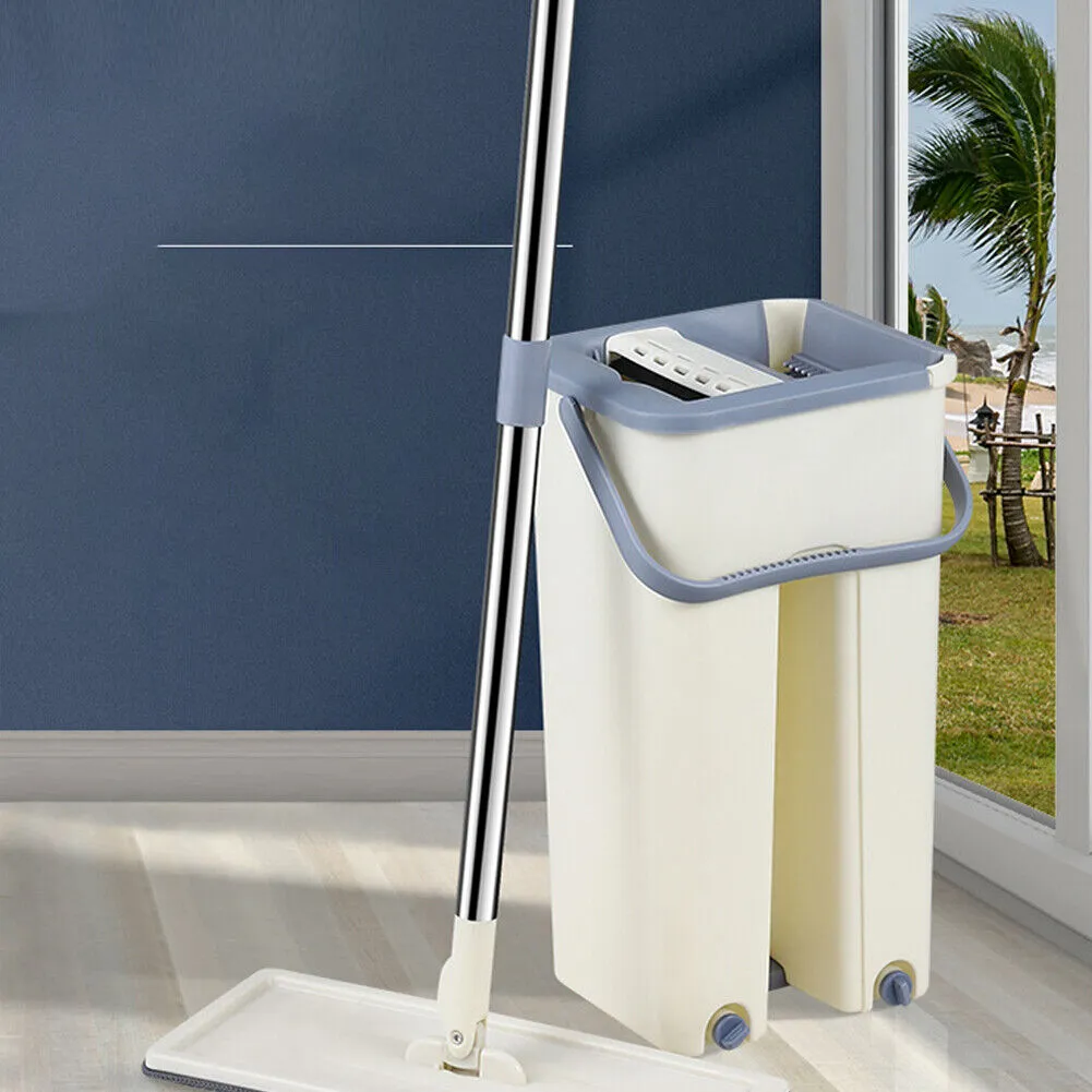 US 1-2 Sets Flat Mop Bucket System Reusable Microfiber Pads Cleaning Wet Dry Use