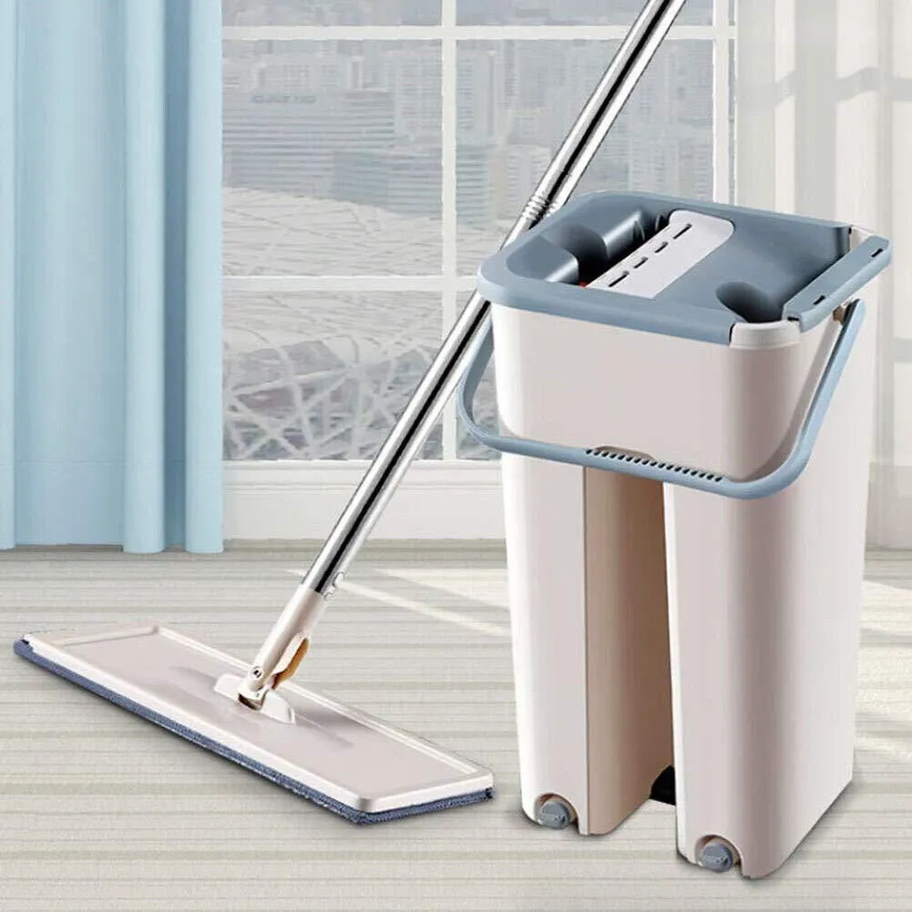 US 1-2 Sets Flat Mop Bucket System Reusable Microfiber Pads Cleaning Wet Dry Use