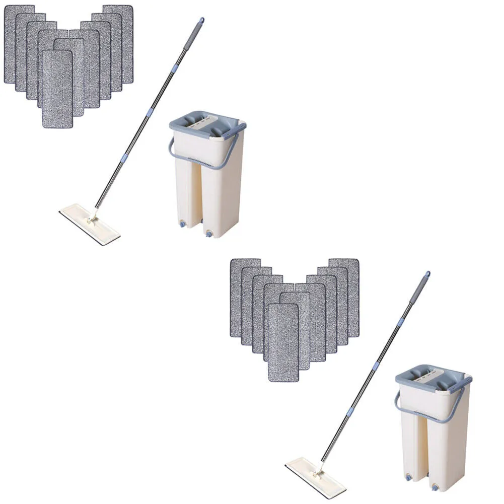 US 1-2 Sets Flat Mop Bucket System Reusable Microfiber Pads Cleaning Wet Dry Use