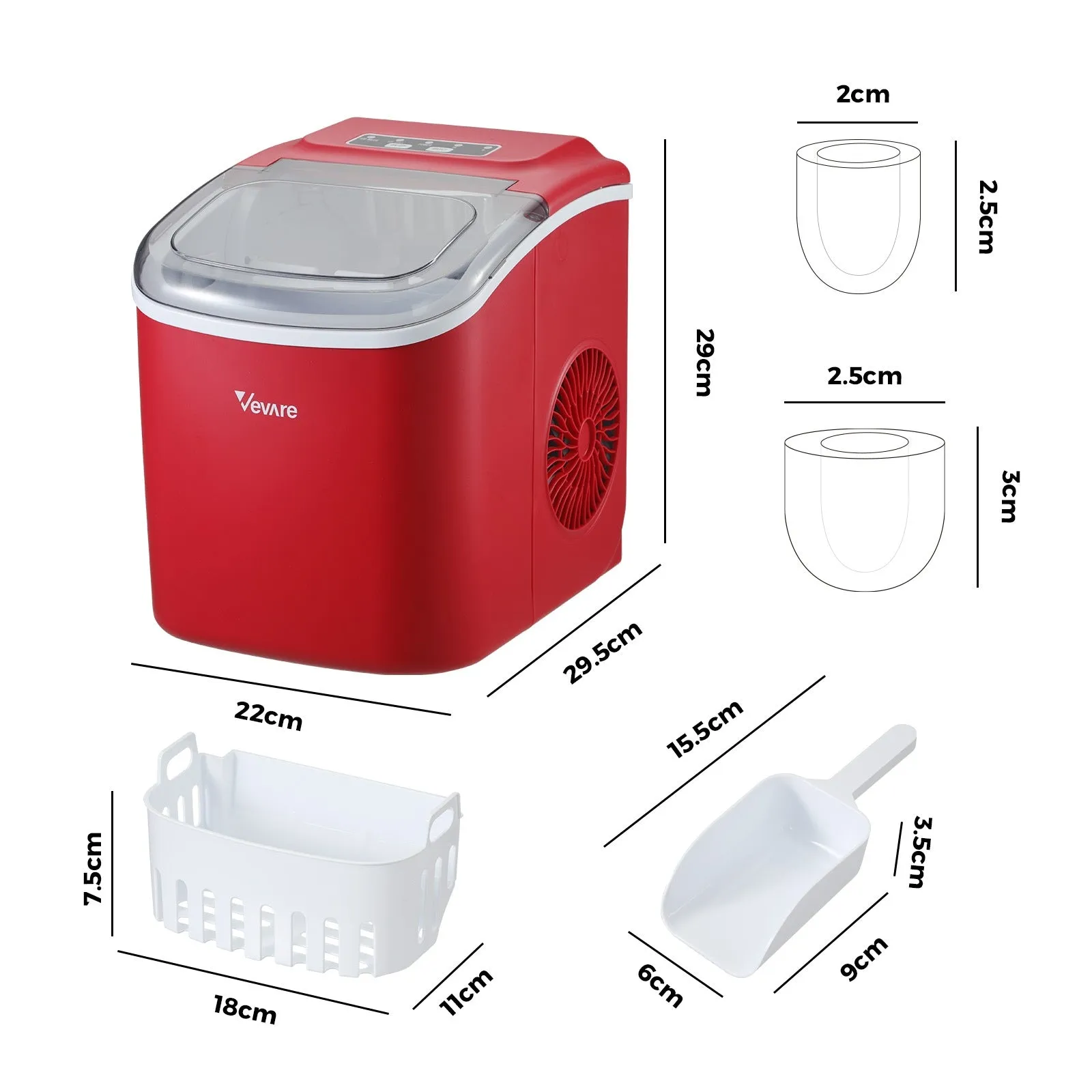 Vevare Portable Ice Maker Machine Ice Cube Tray 12kg Bar Countertop Red