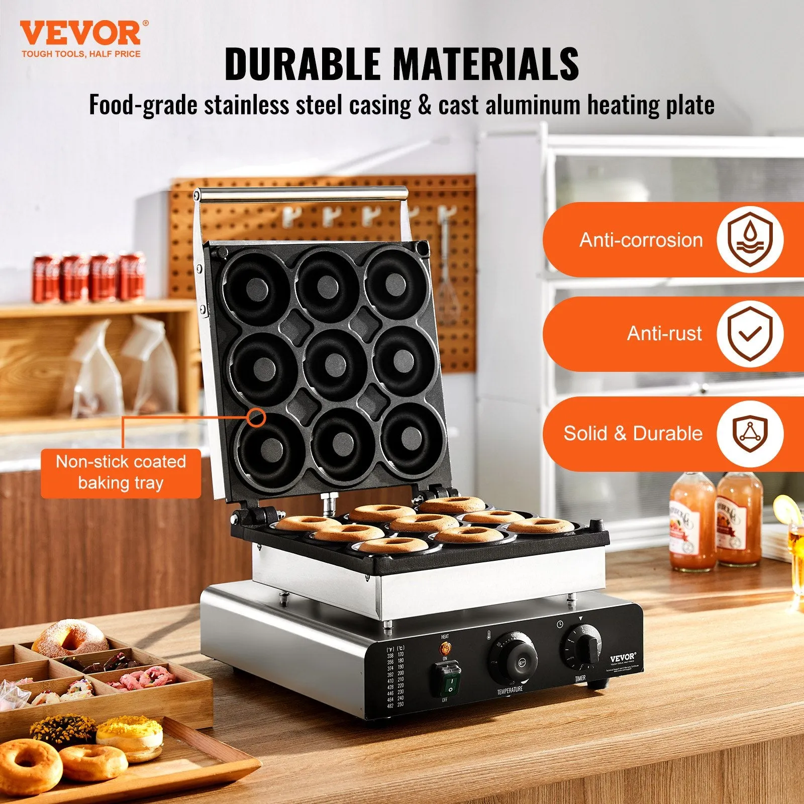 Vevor Commercial Electric Donut Maker 2000W 9 Holes Non-Stick Double-Sided Heating 122-572°F New