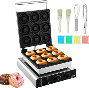 Vevor Commercial Electric Donut Maker 2000W 9 Holes Non-Stick Double-Sided Heating 122-572°F New