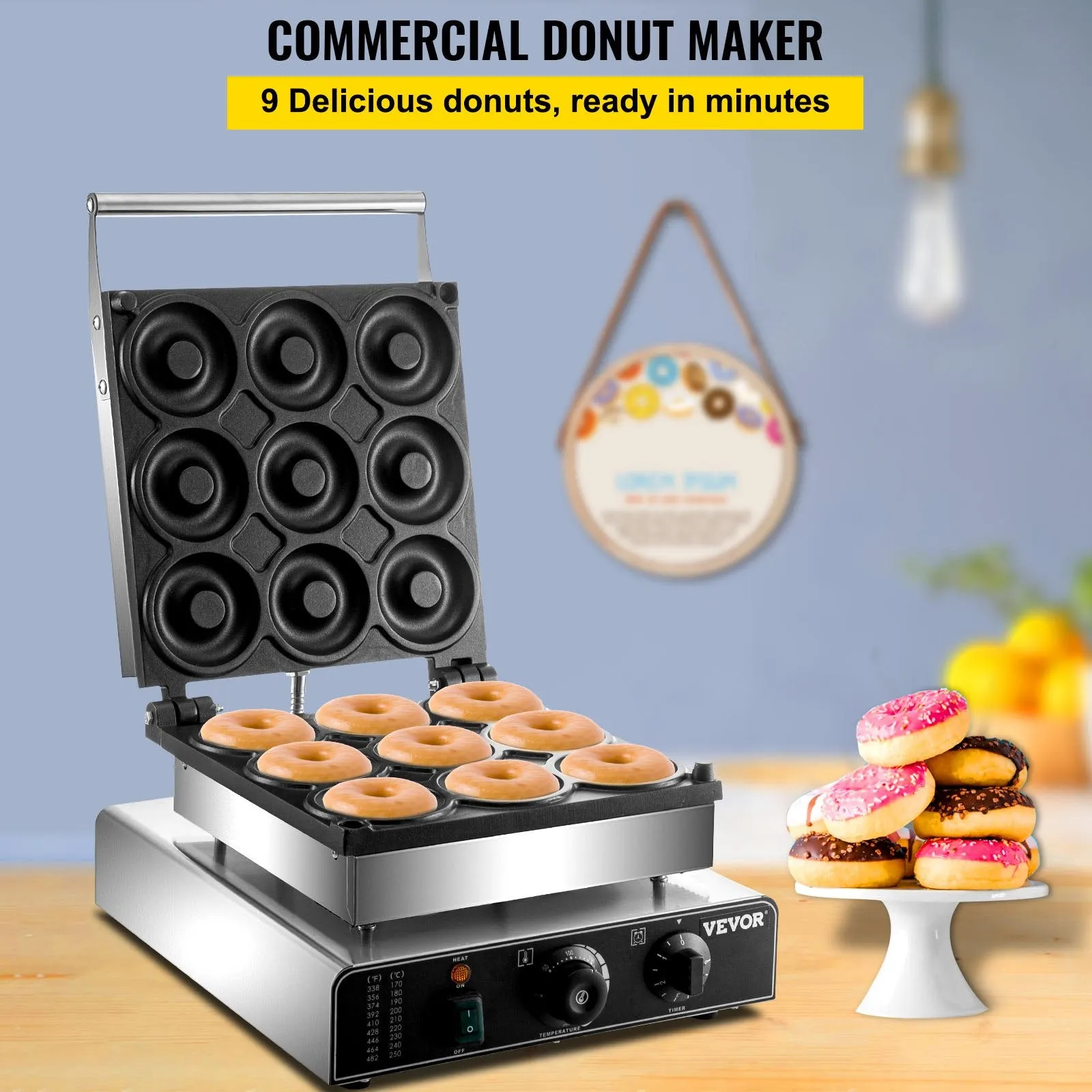 Vevor Donut Maker 9 Holes Electric 2000W Non-Stick Double-Sided Heating 122-572°F New