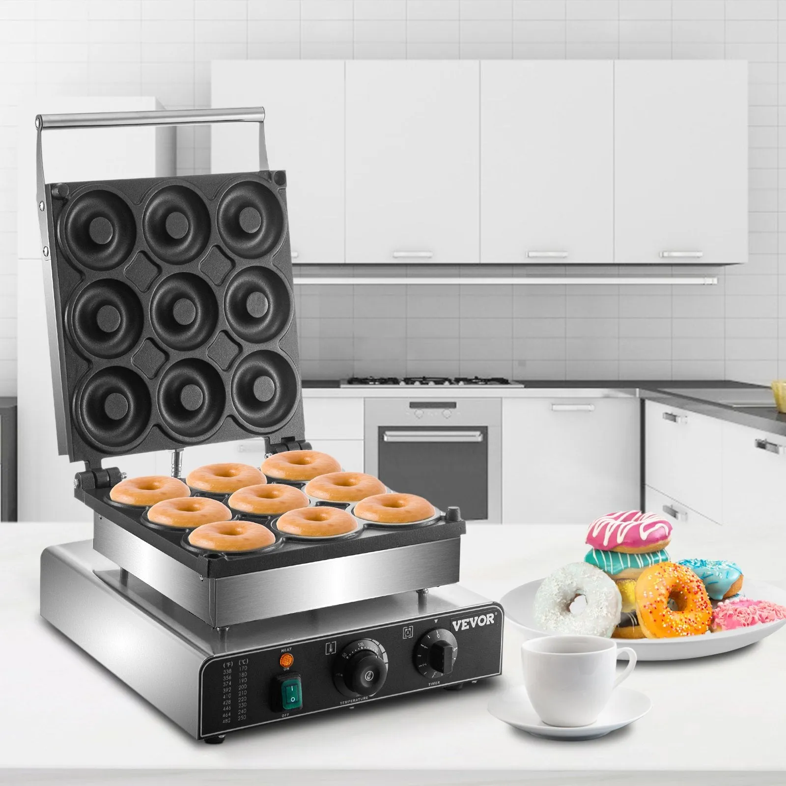 Vevor Donut Maker 9 Holes Electric 2000W Non-Stick Double-Sided Heating 122-572°F New